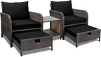 LEVELEVE Balcony Furniture 5 Piece Patio Conversation Set, PE Wicker Rattan Outdoor Lounge Chairs with Soft Cushions 2 Ottoman&Glass Table for Porch, Lawn-Brown Wicker
