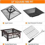 Yaheetech Multifunctional Fire Pit Table 32in Square Metal Firepit Stove Backyard Patio Garden Fireplace for Camping, Outdoor Heating, Bonfire and Picnic