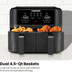 Chefman 6 Quart Dual Basket Air Fryer - Digital Touchscreen, Smart Sync Finish, Hi-Fry, Auto Shutoff, 2 Independent 3QT Nonstick Dishwasher-Safe Frying Baskets - Digital Double Air Fryer - Black