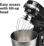 Hamilton Beach Electric Stand Mixer, 4 Quarts, Dough Hook, Flat Beater Attachments, Splash Guard 7 Speeds with Whisk, Black