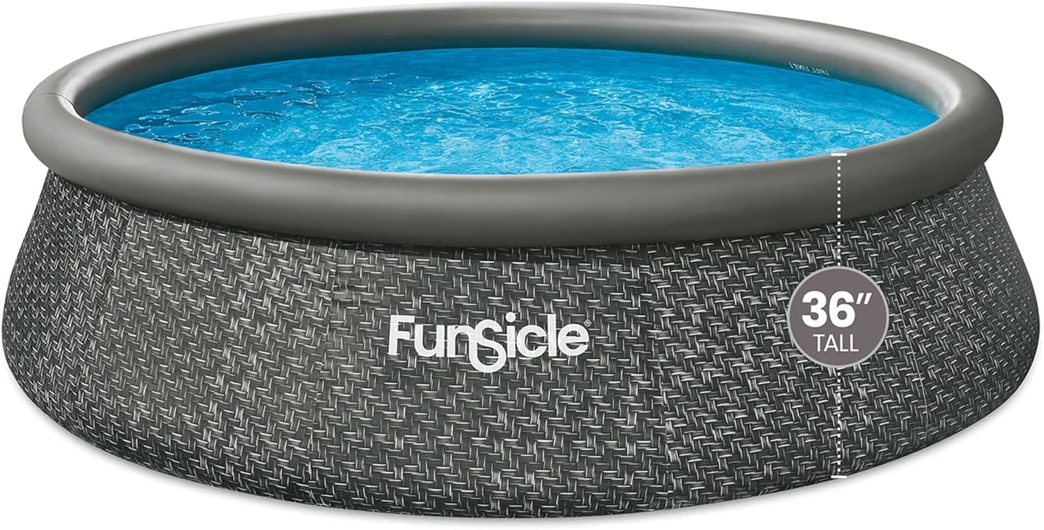 Funsicle 12 Foot by 36 Inch Quickset Round Inflatable Ring Top Outdoor Above Ground Swimming Pool Set with Pump and Cartridge Filter, Dark Herringbone