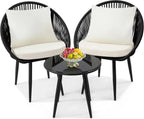 3 Piece Bistro Set Woven Rope Chair with Cushions All Weather Patio Conversation Set Side Table