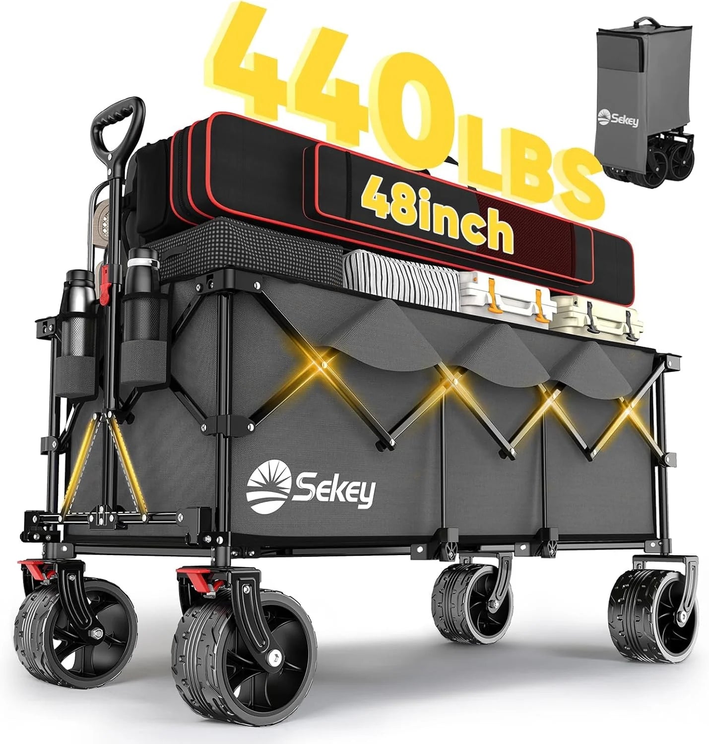 Sekey 48 Inch Long Foldable Extended Travel Cart, 440 Lbs Load Capacity, Heavy Duty 300 Liter Folding Multi-Purpose Garden Cart