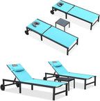 PURPLE LEAF Patio Tanning Lounge Chair Set with Face Down Hole Outdoor Aluminum Adjustable Reclining Chairs Wheels Pillows and Table for Poolside Beach Sunbathing Lounger, Beige