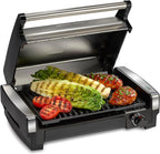 Hamilton Beach Electric Indoor Searing Grill with Viewing Window & Adjustable Temperature Control to 450F, 118 sq. in. Surface Serves 6, PFAS-Free Removable Nonstick Grate, Stainless Steel